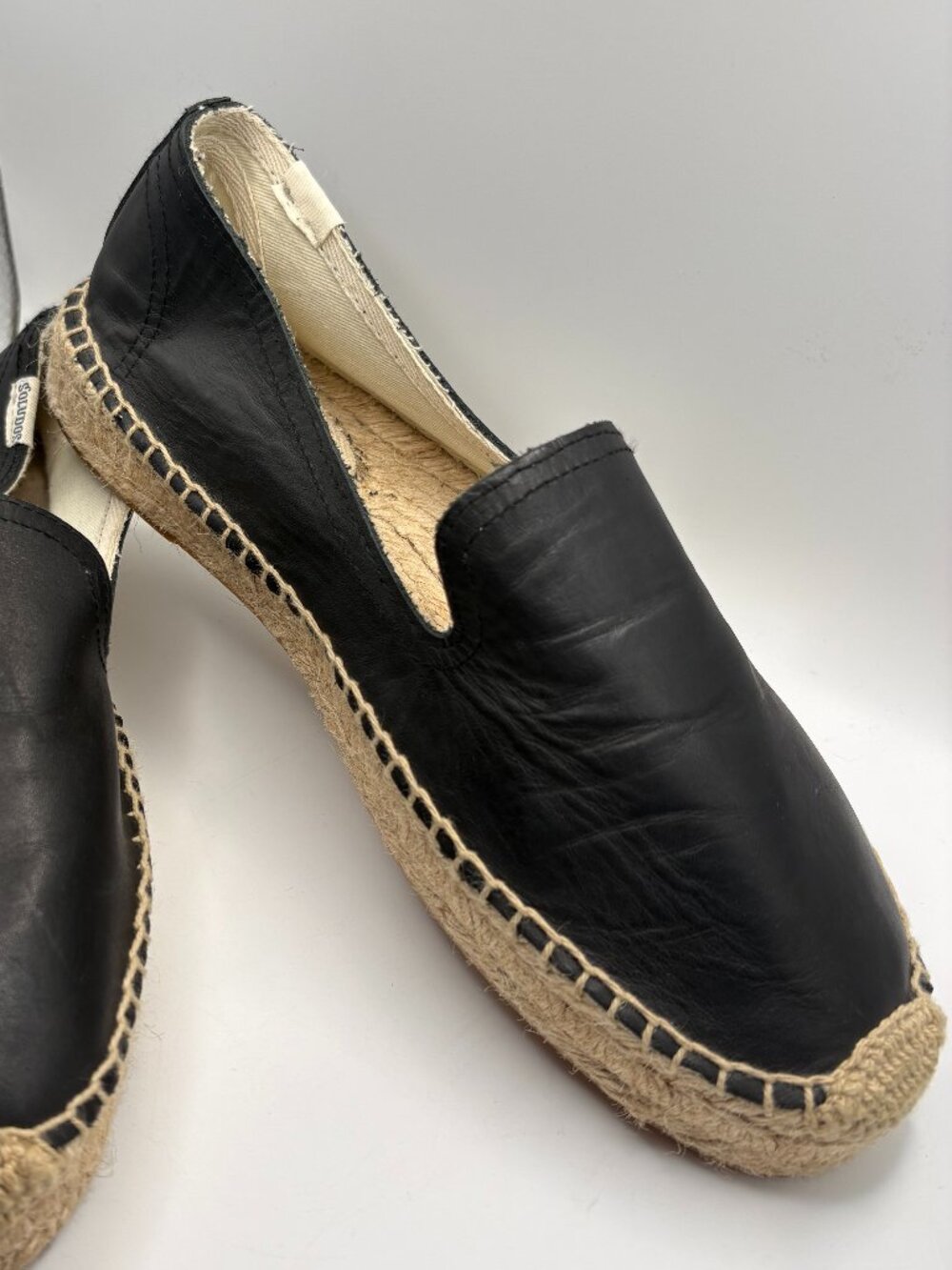 Soludos Black Leather Espadrilles Size 8 Slip On Flats Boho Coastal